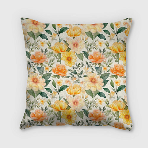 Подушка квадратная Желтые и розовые хризантемы и пионы на светлом фон / 3D-принт – фото 2