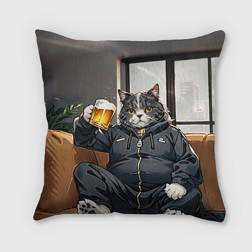 Подушка квадратная Толстый кот со стаканом пива / 3D-принт – фото 2