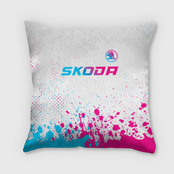 Подушка квадратная Skoda neon gradient style: символ сверху, цвет: 3D-принт