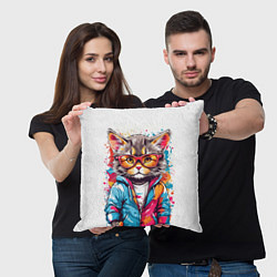 Подушка квадратная Котик в очках - брызги красок, цвет: 3D-принт — фото 2