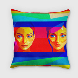Подушка квадратная Две голубоглазые девушки в прямоугольной рамке, цвет: 3D-принт