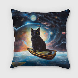 Подушка квадратная Черный кот на космическом корабле летящий в космос, цвет: 3D-принт