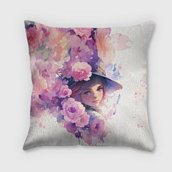 Подушка квадратная Девушка в цветочной шляпе