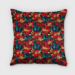 Подушка квадратная Красные цветы с синими листьями узор, цвет: 3D-принт