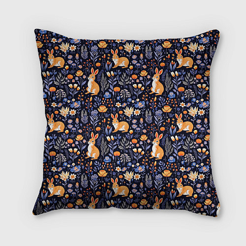 Подушка квадратная Оранжевые зайчики в траве на синем фоне / 3D-принт – фото 2