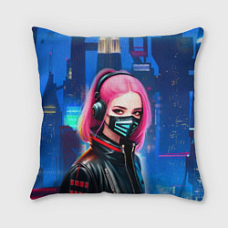 Подушка квадратная Девушка с розовыми волосами - киберпанк, цвет: 3D-принт
