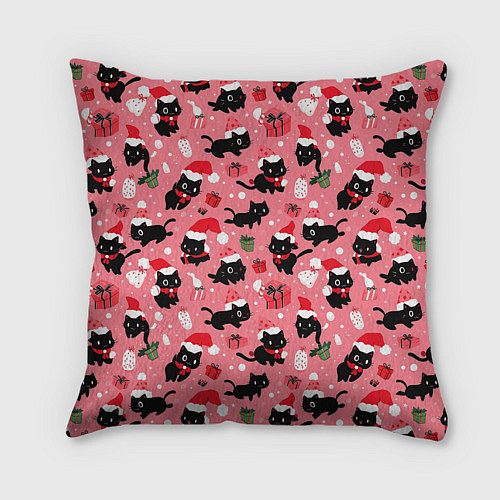 Подушка квадратная Новогодние чёрные котики с подарками / 3D-принт – фото 2