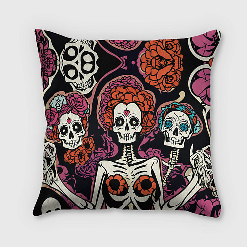 Подушка квадратная Черепа с цветами в гриме муэрто / 3D-принт – фото 2