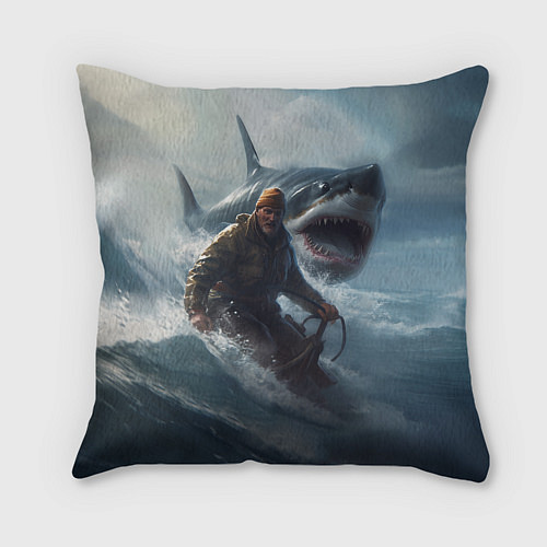 Подушка квадратная Мужчина уплывает от акулы на обломках лодки / 3D-принт – фото 2