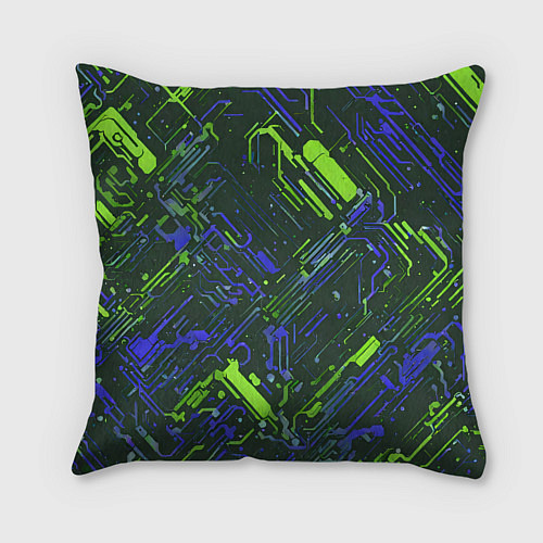Подушка квадратная Киберпанк линии зелёные и синие / 3D-принт – фото 2