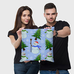 Подушка квадратная Снеговики с новогодними елками паттерн, цвет: 3D-принт — фото 2