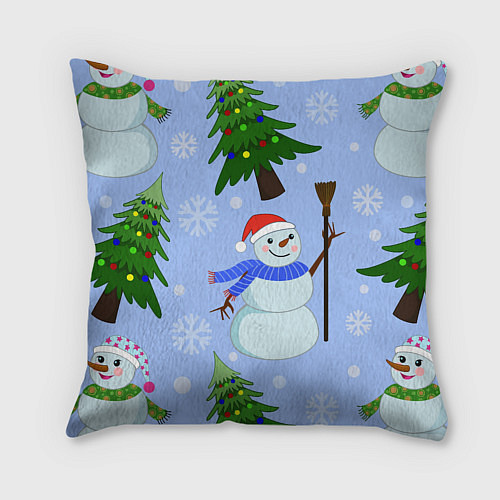 Подушка квадратная Снеговики с новогодними елками паттерн / 3D-принт – фото 2