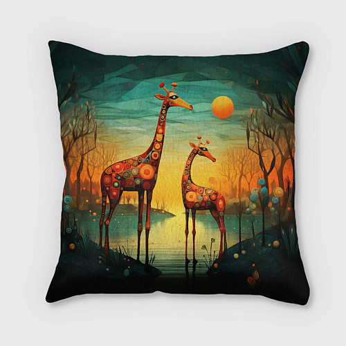 Подушка квадратная Жирафы в стиле фолк-арт / 3D-принт – фото 2