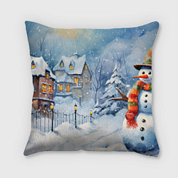 Подушка квадратная Новогодний снеговик с шарфом, цвет: 3D-принт