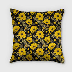 Подушка квадратная Желтые цветы на черном фоне паттерн, цвет: 3D-принт