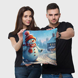 Подушка квадратная Снеговик новогодний, цвет: 3D-принт — фото 2