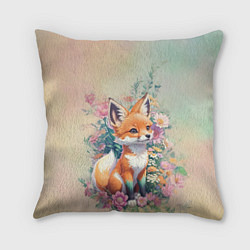 Подушка квадратная Милый лисёнок в цветах, цвет: 3D-принт