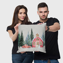 Подушка квадратная Новогодний дом в лесу, цвет: 3D-принт — фото 2