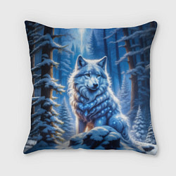 Подушка квадратная Волк в зимнем ночном лесу