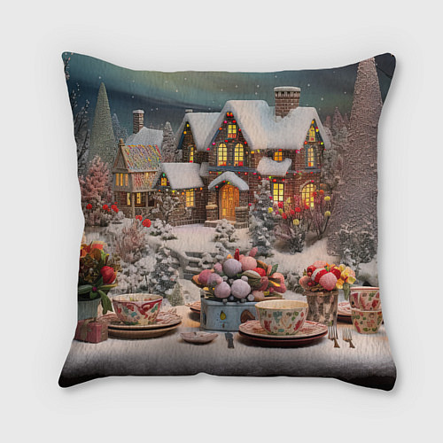 Подушка квадратная Объемные новогодние домики / 3D-принт – фото 2