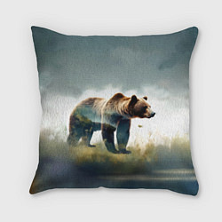 Подушка квадратная Минималистичный пейзаж с медведем акварель, цвет: 3D-принт