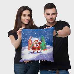 Подушка квадратная Дед Мороз с мешком и елкой, цвет: 3D-принт — фото 2