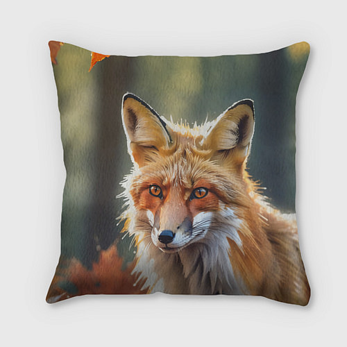 Подушка квадратная Портрет лисы с осенними листьями / 3D-принт – фото 2