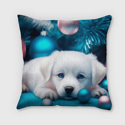 Подушка квадратная Белый щенок с розовыми и голубыми шариками, цвет: 3D-принт