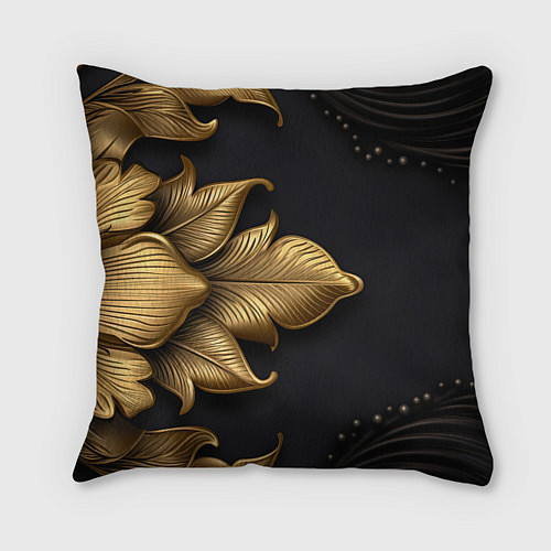 Подушка квадратная Золотые объемные листья на черном фоне / 3D-принт – фото 2