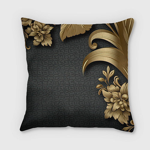 Подушка квадратная Золотые объемные листья на сером фоне / 3D-принт – фото 2