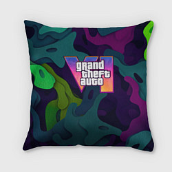 Подушка квадратная GTA 6 logo яркий неоновый камуфляжный стиль
