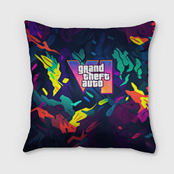 Подушка квадратная GTA 6 logo яркий неоновый камуфляжный стиль