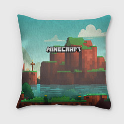 Подушка квадратная Minecraft logo горы и озеро, цвет: 3D-принт