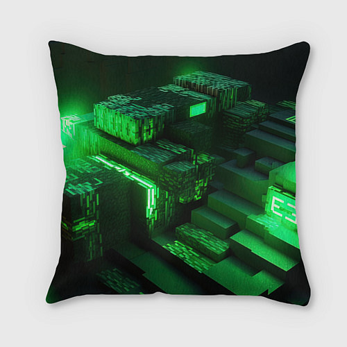 Подушка квадратная Minecraft logo зеленые неоновые кубы / 3D-принт – фото 2