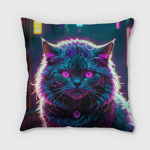 Подушка квадратная Кот киберпанк с розовыми глазами / 3D-принт – фото 2