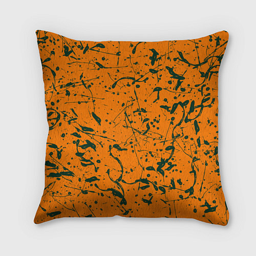 Подушка квадратная Оранжевый с брызгами зеленой краски / 3D-принт – фото 2