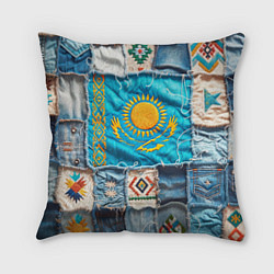 Подушка квадратная Пэчворк джинсы в Казахстане, цвет: 3D-принт