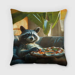 Подушка квадратная Енот ест пиццу на диване, цвет: 3D-принт