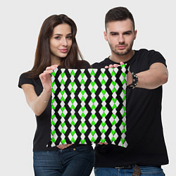 Подушка квадратная Зелёные и белые ромбы на чёрном фоне, цвет: 3D-принт — фото 2