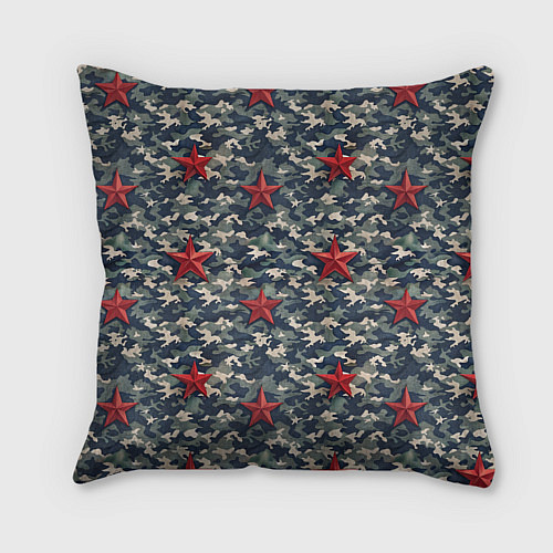 Подушка квадратная Красные звезды на камуфляже / 3D-принт – фото 2