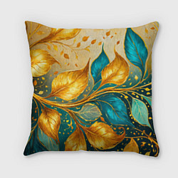 Подушка квадратная Листья абстрактные золото и бирюза, цвет: 3D-принт