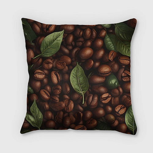 Подушка квадратная Кофейные зёрна с листьями / 3D-принт – фото 2