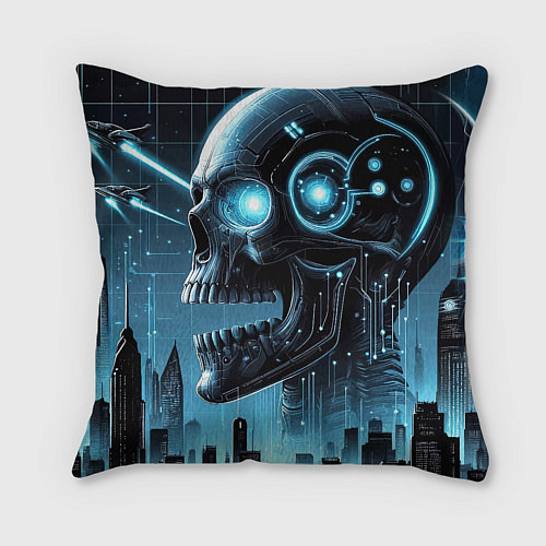 Подушка квадратная Cyberpunk skull - metropolis neon glow / 3D-принт – фото 2