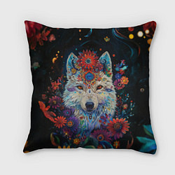 Подушка квадратная Белый волк с цветами акварелью, цвет: 3D-принт