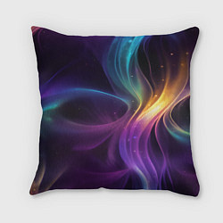 Подушка квадратная Радужные неоновые волны и разводы на черном фоне, цвет: 3D-принт