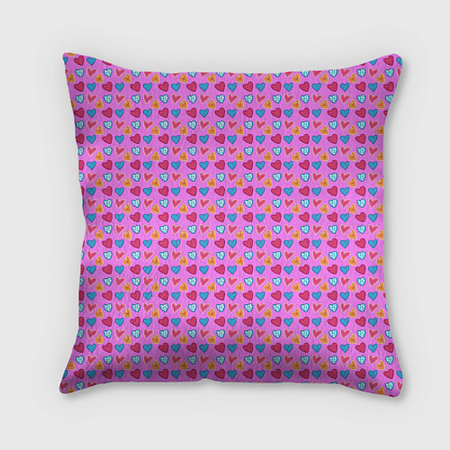 Подушка квадратная Розовый паттерн с разноцветными сердечками / 3D-принт – фото 2