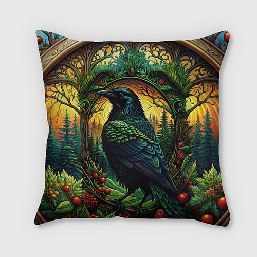 Подушка квадратная Скандинавский ворон лесной узор / 3D-принт – фото 2