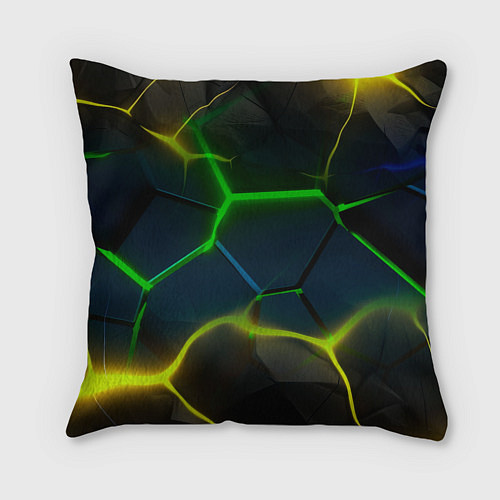 Подушка квадратная Неоновые яркие зеленые плиты с желтым светом / 3D-принт – фото 2