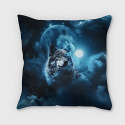 Подушка квадратная Волк ночное синее небо