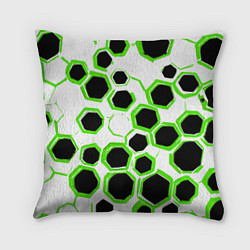 Подушка квадратная Чёрно-зелёные шестиугольники на белом фоне